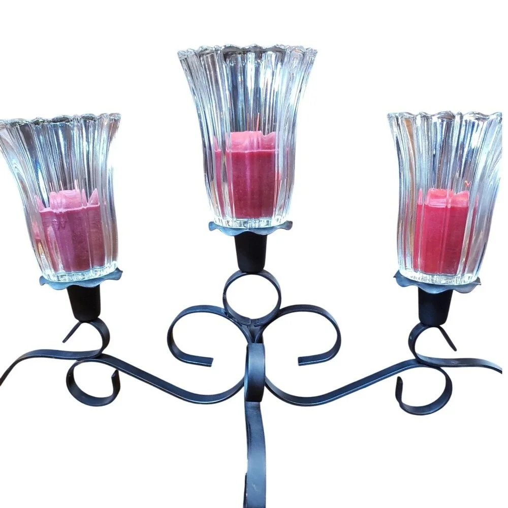 Wrought Iron 5 Light Candelabra Scroll Mantle Centerpiece Fluted‎ Glass Votives